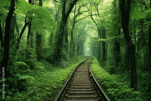 Railway in the green forest, closeup of photo, nature series #677624145
