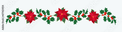 Christmas garlands with red poinsettia and holly berries. Festive traditional decoration. Hand drawn vector illustration isolated on white background, flat cartoon style.