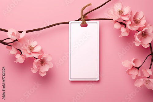 A blank white label or tag from clothing hangs on a branch of a blossoming cherry tree with a pink background. Blank space for promotional text or discount. © OleksandrZastrozhnov