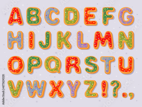 New Year's gingerbread cookies in the form of letters. English alphabet, bold uneven funny font for Christmas card, flyer, banner, poster. Multicolored holiday gingerbread cookies on a gray background