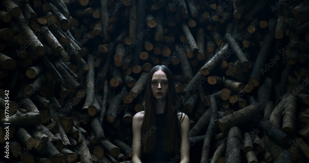 Beautiful girl in a dark forest,  Portrait of a girl in a dark forest