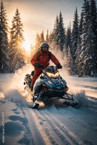 A man wearing a red jacket, a protective helmet and glasses on a snowmobile in winter in the forest against the backdrop of mountains and sunset. © liliyabatyrova