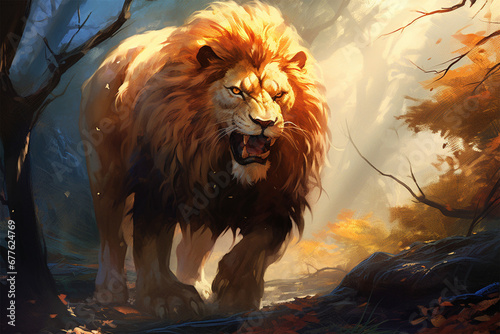 illustration of a painting of a lion in nature