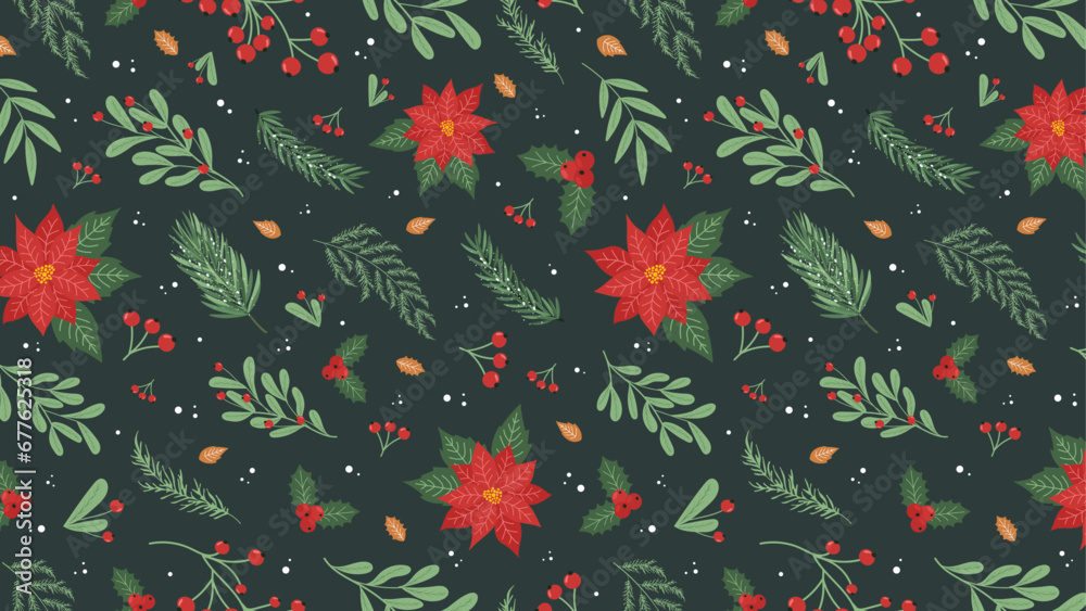 Horizontal Background with Christmas Ornament. Seamless Pattern with Spruce, Pine Branches, Christmas Star. Vector