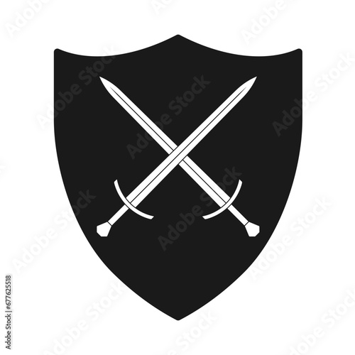 Shield and swords crossed icon. Coat of arms symbol. Sword sign. Vector illustration image.