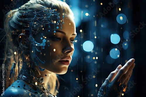 Technology and artificial intelligence, cyborg girl comes from the future world. by Generative AI.
