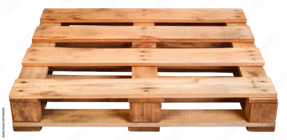 Wooden pallet on isolated transparent background, perspective front top view, logistics tool