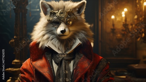  a close up of a fox wearing a red jacket and a red jacket with a clock on it's face and a red jacket with a white collar and gold. generative ai