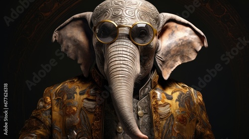  a close up of an elephant wearing a suit and glasses with an elephant's head in the middle of the frame and an elephant's head in the middle of the frame. generative ai