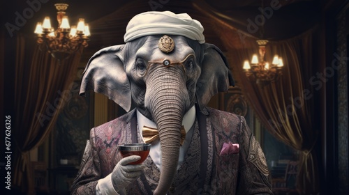  a statue of an elephant wearing a turban and holding a cup of coffee in front of a chandelier in a room with chandeliers and chandeliers.  generative ai © Shanti