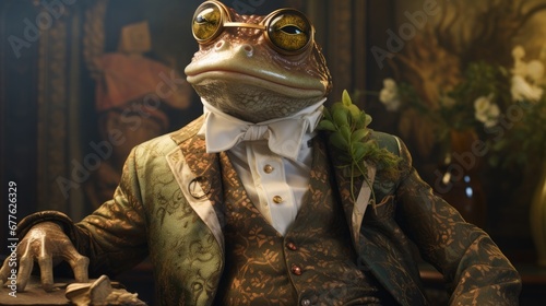  a close up of a frog wearing a suit and tie with a flower in his lapel flower in his lapel flower in his lapel flower in his lapel. generative ai