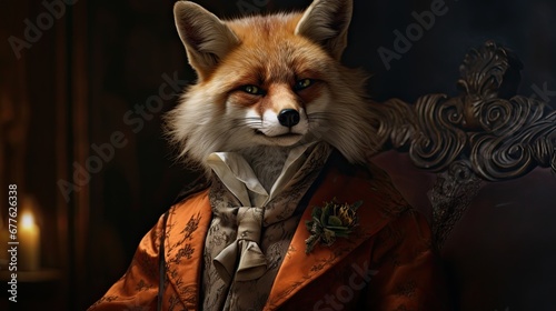  a close up of a fox wearing a suit and tie with a candle lit room in the back ground behind it and a chair in the front of the picture.  generative ai © Shanti