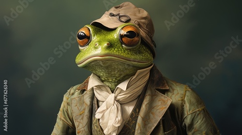  a close up of a frog wearing a suit and a hat with eyes wide open and a hat on top of it's head, with a green background.  generative ai © Shanti