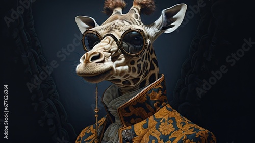  a giraffe wearing glasses and a jacket in front of a black background with a gold and blue design on it's head and a black background with a gold border. generative ai