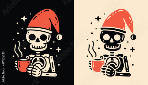 Skeleton Santa holding coffee cup illustration. Funny skull Christmas hat. Holiday season aesthetic drawing for coffee lovers, barista, coffee shops. Minimalist flat design vector print products.