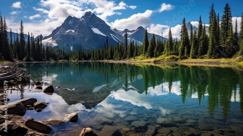  a mountain is in the distance with a lake in the foreground and rocks in the foreground, and trees in the foreground, in the foreground. generative ai