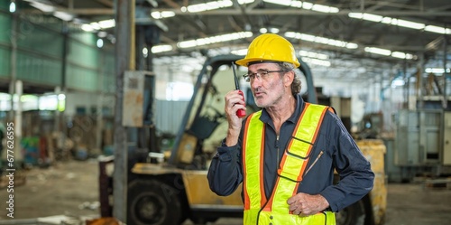 man engineer technician worker talk call by use mobile radio walkie talkie communicate speak to service technician. worker in uniform helmet safety and inspection check control old machine in factory