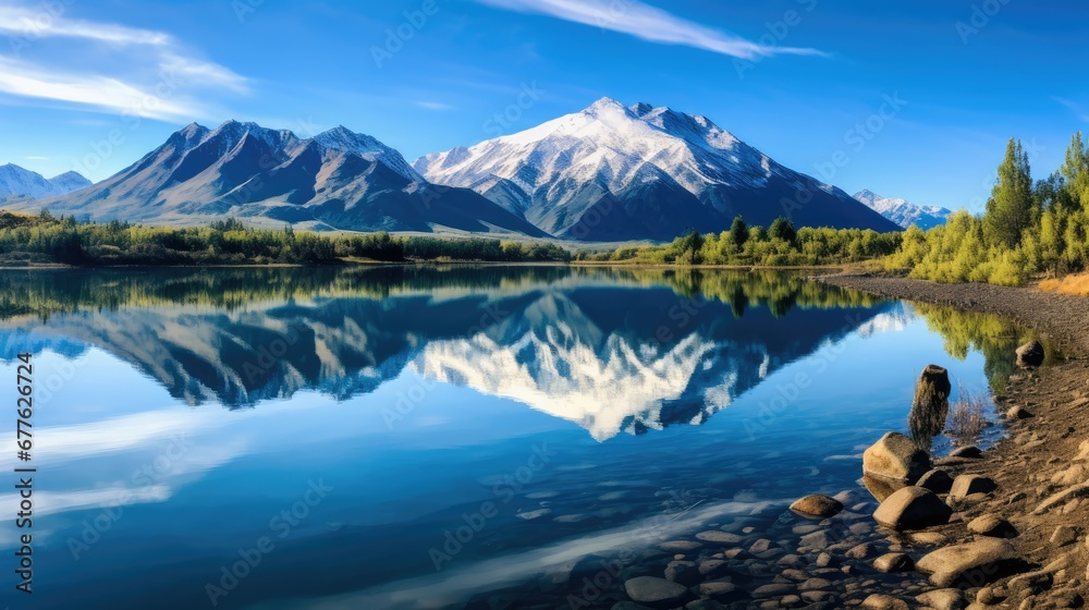 a mountain range is reflected in the still water of a lake in the foreground is a pine forest and a mountain range in the distance is reflected in the water.  generative ai