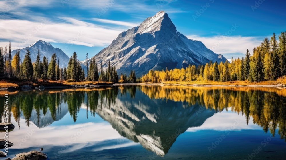  a mountain is reflected in the still water of a lake with rocks and trees in the foreground and a blue sky with clouds and a few wispy clouds.  generative ai