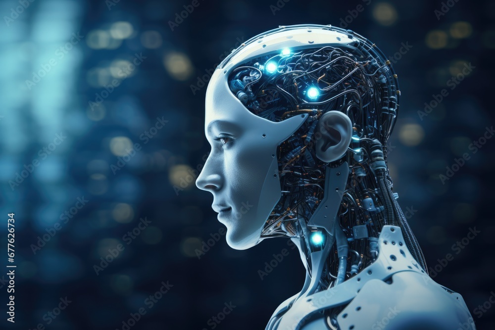 A symbolic concept image of AI technology fused with a human robot brain.by Generative AI. A symbolic concept image of AI technology fused with a human robot brain.by Generative AI.