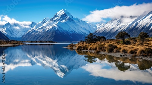  a mountain range with a lake in the foreground and a blue sky in the background with clouds in the sky and in the foreground, and in the foreground is a. generative ai