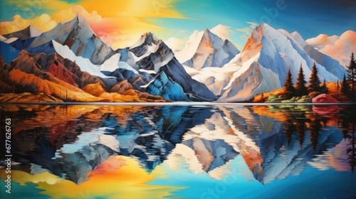  a painting of a mountain range with a lake in the foreground and trees in the foreground, with a sunset in the background, and a reflection of the mountains in the water.  generative ai