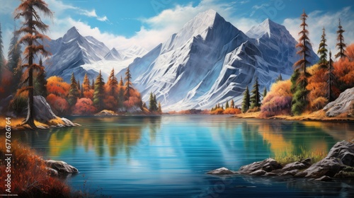  a painting of a mountain landscape with a lake in the foreground and trees in the foreground, and a blue sky with white clouds, and yellow and green. generative ai