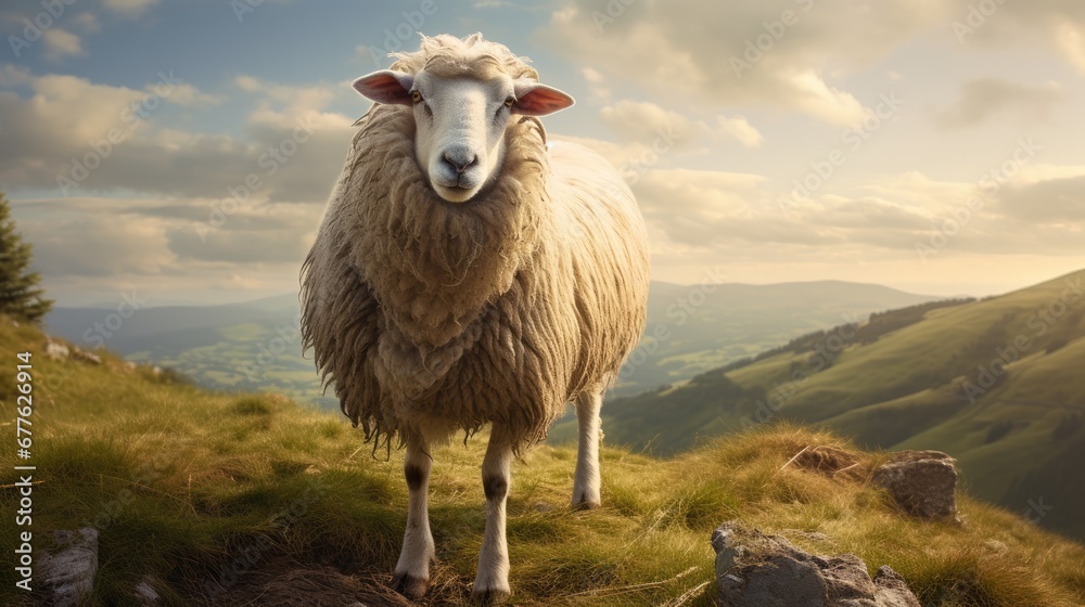  a white sheep standing on top of a lush green hillside next to a lush green hillside under a cloudy blue sky with white clouds and green hills in the background.  generative ai