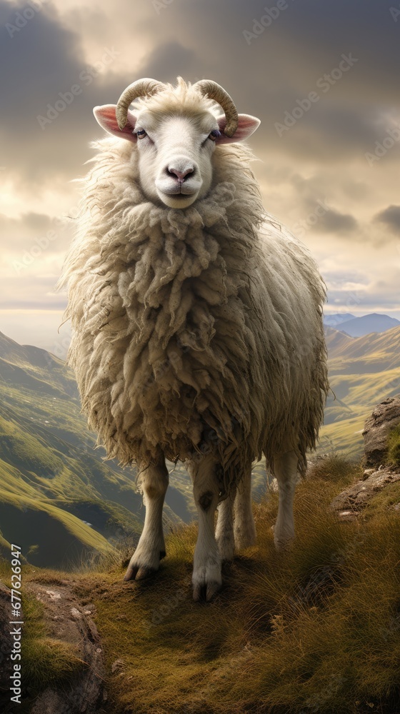  a white sheep standing on top of a grass covered hill with mountains in the background and clouds in the sky over the top of the hill is a grassy area.  generative ai