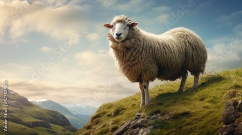  a sheep standing on the side of a grassy hill with mountains in the background and clouds in the sky over the top of the hill is a grass covered hill.  generative ai © Shanti