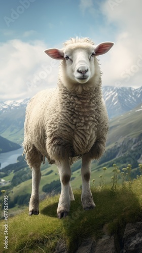  a white sheep standing on top of a grass covered hill next to a lake and snow covered mountains in the distance with a blue sky and white clouds in the background. generative ai