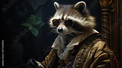  a close up of a raccoon wearing a jacket and sunglasses with a jacket on it's shoulders and a hat on its head and a jacket on it's chest. generative ai