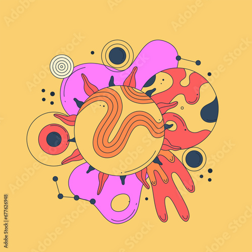 Vibrant vector illustration with abstract patterned planets on yellow background. Bright galactic. Cartoon space. Playful  surreal  and colorful style. Notebook cover  poster  t-shirt print