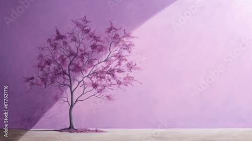  a painting of a tree in front of a purple wall with a shadow of a tree on the ground in front of a purple wall with a shadow of the tree.  generative ai © Shanti