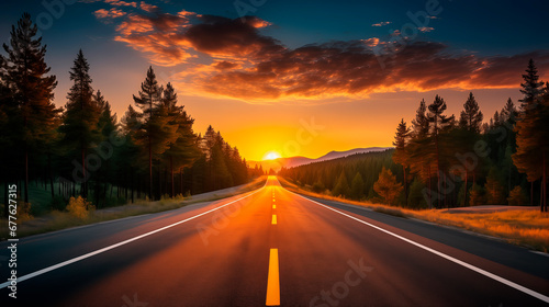 The asphalt road goes into the horizon, with forest on both sides. Straight road and sunset. Autumn. Journey © Mariia