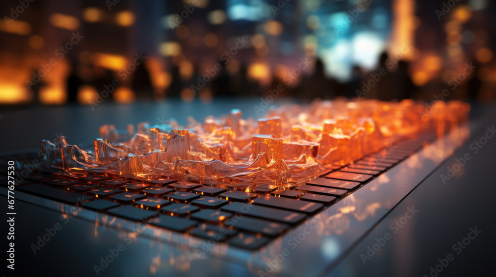 Laptop keyboard with glass cubes on the background of the night city. 3d rendering