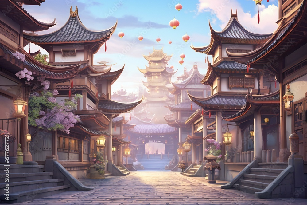 Chinese temple in the old town at sunset, - obrazy, fototapety, plakaty 