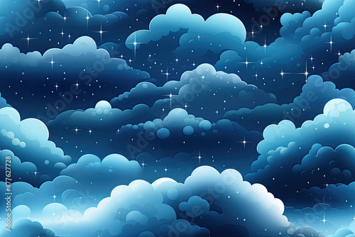 seamless pattern with clouds with stars in dark blue starry sky at night. Background for baby decor