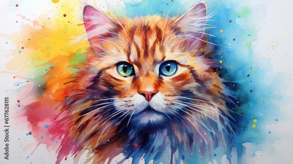  a watercolor painting of a cat's face with a blue, yellow, red, orange, and green colored splash of paint on it's face.  generative ai