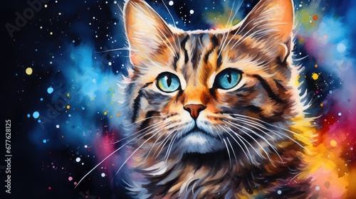  a painting of a cat's face with blue eyes and multicolored spots on the background of the image is a multicolored image of the cat's face. generative ai