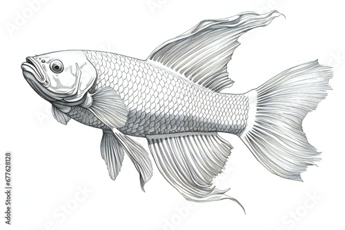 Black and white sketch of a goldfish, isolated on white background