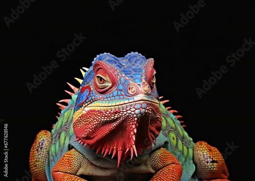 Close up of a colorful chameleon on a black background