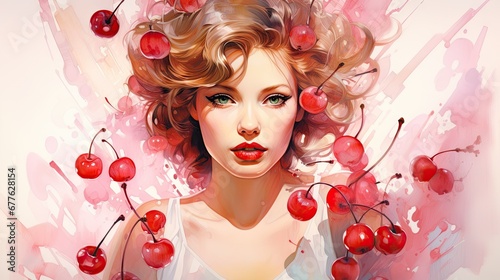 a painting of a woman with a bunch of cherries on her head and her hair blowing in the wind, with a splash of pink paint behind her head. generative ai