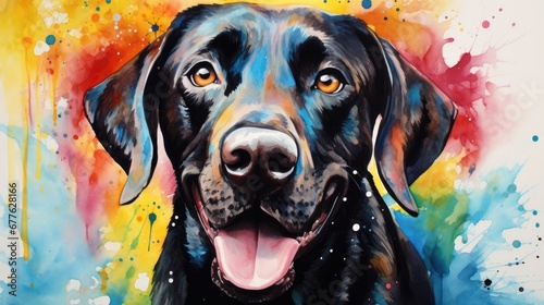  a painting of a black dog's face with his tongue hanging out and his tongue hanging out, with a multicolored background of paint splats. generative ai