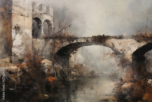 Digital painting of an old bridge over the river in a foggy day