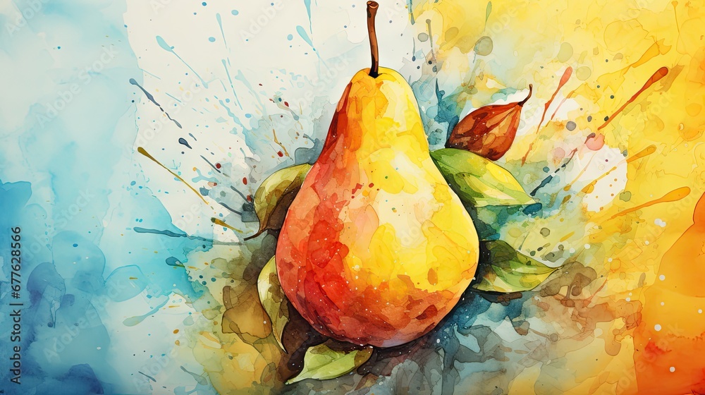 a watercolor painting of two pears with leaves on a blue and yellow ...