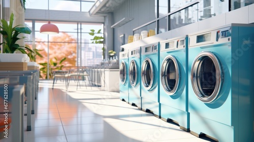 Modern laundry shop interior with counter and washing machines photo
