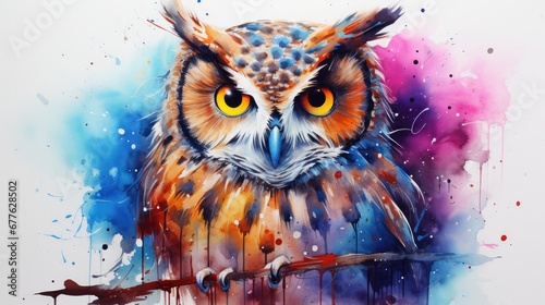  a watercolor painting of an owl sitting on a branch with paint splatters all over it's body and a bright orange, yellow, yellow, orange, blue, red, and black, and white eye.  generative ai © Shanti
