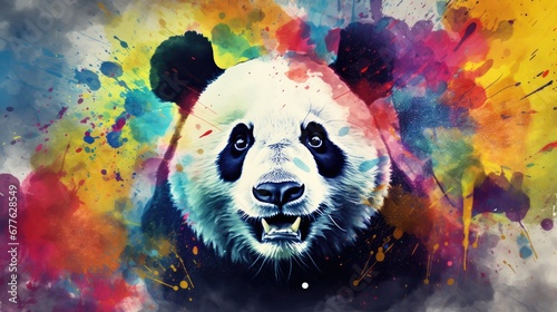  a painting of a panda bear with multicolored paint splatters on it's face and a black, white, black, and yellow, red, and blue, and white face.  generative ai