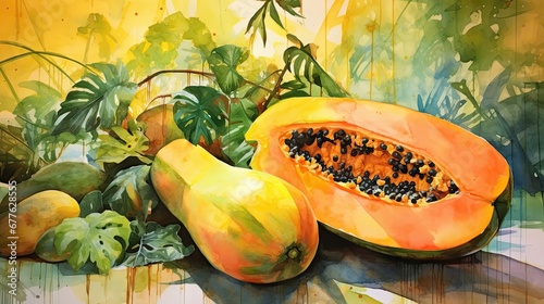  a painting of a papaya and other fruit on a table with a painting of leaves and flowers in the background and a painting of another fruit on the wall.  generative ai photo